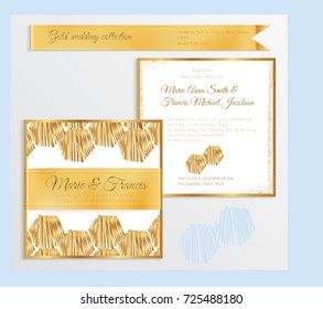 Luxury wedding invitation template with gold shiny realistic ribbon. Back and front square card layout with rich golden pattern on white. Isolated. Design for bridal shower, save the date, banner.