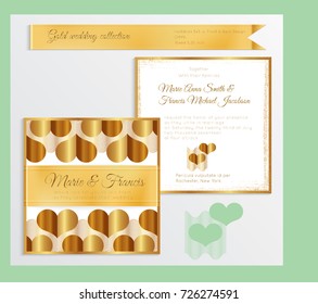 Luxury wedding invitation template with gold shiny realistic ribbon. Back and front square card layout with rich golden pattern on white. Isolated. Design for bridal shower, save the date, banner.
