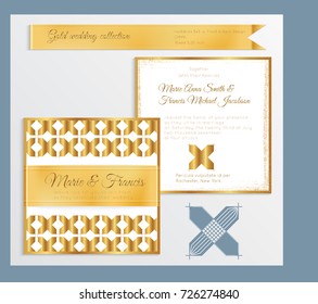 Luxury wedding invitation template with gold shiny realistic ribbon. Back and front square card layout with rich golden pattern on white. Isolated. Design for bridal shower, save the date, banner.