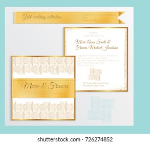 Luxury wedding invitation template with gold shiny realistic ribbon. Back and front square card layout with rich golden pattern on white. Isolated. Design for bridal shower, save the date, banner.