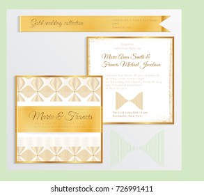 Luxury wedding invitation template with gold shiny realistic ribbon. Back and front square card layout with rich golden pattern on white. Isolated. Design for bridal shower, save the date, banner.