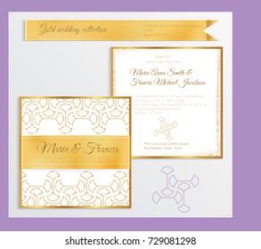 Luxury wedding invitation template with gold shiny realistic ribbon. Back and front square card layout with rich golden pattern on white. Isolated. Design for bridal shower, save the date, banner.