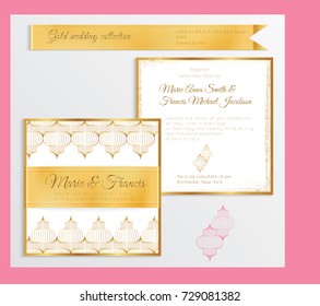 Luxury wedding invitation template with gold shiny realistic ribbon. Back and front square card layout with rich golden pattern on white. Isolated. Design for bridal shower, save the date, banner.