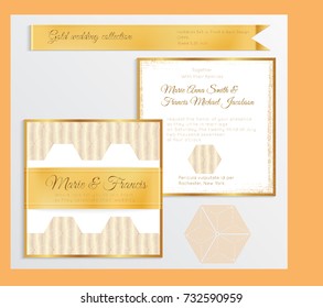 Luxury wedding invitation template with gold shiny realistic ribbon. Back and front square card layout with rich golden pattern on white. Isolated. Design for bridal shower, save the date, banner.
