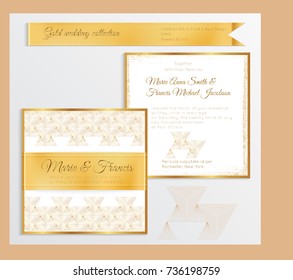 Luxury wedding invitation template with gold shiny realistic ribbon. Back and front square card layout with rich golden pattern on white. Isolated. Design for bridal shower, save the date, banner.