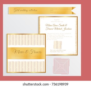 Luxury wedding invitation template with gold shiny realistic ribbon. Back and front square card layout with rich golden pattern on white. Isolated. Design for bridal shower, save the date, banner.