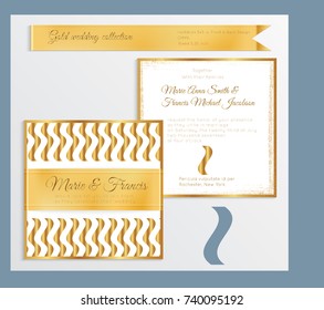 Luxury wedding invitation template with gold shiny realistic ribbon. Back and front square card layout with rich golden pattern on white. Isolated. Design for bridal shower, save the date, banner.
