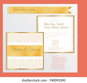 Luxury wedding invitation template with gold shiny realistic ribbon. Back and front square card layout with rich golden pattern on white. Isolated. Design for bridal shower, save the date, banner.