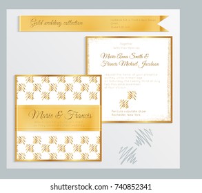 Luxury wedding invitation template with gold shiny realistic ribbon. Back and front square card layout with rich golden pattern on white. Isolated. Design for bridal shower, save the date, banner.