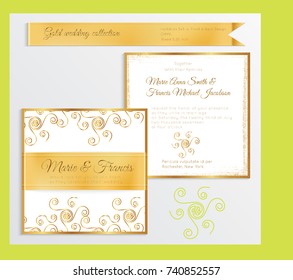 Luxury wedding invitation template with gold shiny realistic ribbon. Back and front square card layout with rich golden pattern on white. Isolated. Design for bridal shower, save the date, banner.