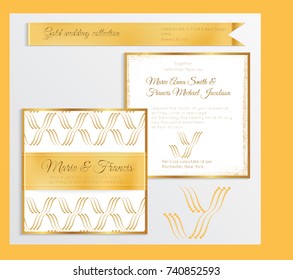 Luxury wedding invitation template with gold shiny realistic ribbon. Back and front square card layout with rich golden pattern on white. Isolated. Design for bridal shower, save the date, banner.