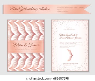 Luxury wedding invitation template with rose gold shiny realistic ribbon. Back and front card layout with pink golden pattern on white. Isolated. Design for bridal shower, save the date, banner.