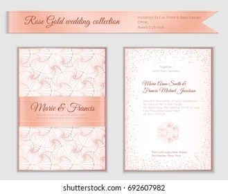 Luxury wedding invitation template with rose gold shiny realistic ribbon. Back and front card layout with pink golden pattern on white. Isolated. Design for bridal shower, save the date, banner.