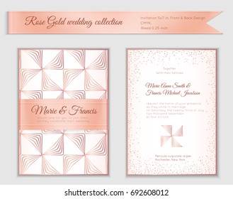 Luxury wedding invitation template with rose gold shiny realistic ribbon. Back and front card layout with pink golden pattern on white. Isolated. Design for bridal shower, save the date, banner.