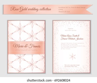 Luxury wedding invitation template with rose gold shiny realistic ribbon. Back and front card layout with pink golden pattern on white. Isolated. Design for bridal shower, save the date, banner.