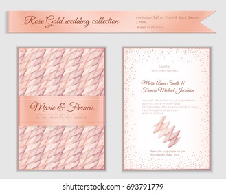 Luxury wedding invitation template with rose gold shiny realistic ribbon. Back and front card layout with pink golden pattern on white. Isolated. Design for bridal shower, save the date, banner.