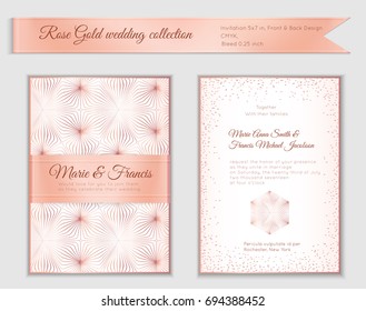 Luxury wedding invitation template with rose gold shiny realistic ribbon. Back and front card layout with pink golden pattern on white. Isolated. Design for bridal shower, save the date, banner.