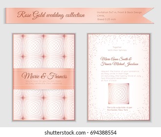Luxury wedding invitation template with rose gold shiny realistic ribbon. Back and front card layout with pink golden pattern on white. Isolated. Design for bridal shower, save the date, banner.
