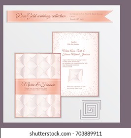 Luxury wedding invitation template with rose gold shiny realistic ribbon. Back and front card layout with pink golden pattern on white. Isolated. Design for bridal shower, save the date, banner.