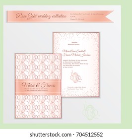 Luxury wedding invitation template with rose gold shiny realistic ribbon. Back and front card layout with pink golden pattern on white. Isolated. Design for bridal shower, save the date, banner.