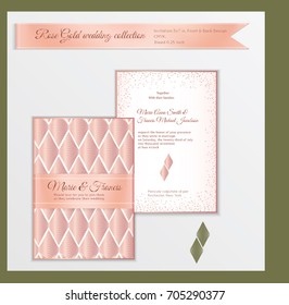 Luxury wedding invitation template with rose gold shiny realistic ribbon. Back and front card layout with pink golden pattern on white. Isolated. Design for bridal shower, save the date, banner.