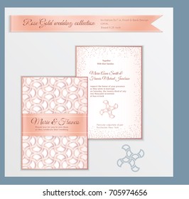 Luxury wedding invitation template with rose gold shiny realistic ribbon. Back and front card layout with pink golden pattern on white. Isolated. Design for bridal shower, save the date, banner.