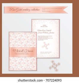 Luxury wedding invitation template with rose gold shiny realistic ribbon. Back and front card layout with pink golden pattern on white. Isolated. Design for bridal shower, save the date, banner.