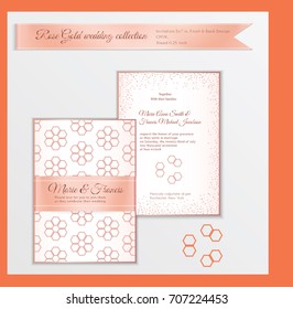 Luxury wedding invitation template with rose gold shiny realistic ribbon. Back and front card layout with pink golden pattern on white. Isolated. Design for bridal shower, save the date, banner.