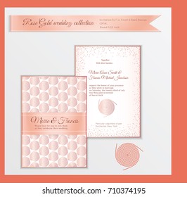 Luxury wedding invitation template with rose gold shiny realistic ribbon. Back and front card layout with pink golden pattern on white. Isolated. Design for bridal shower, save the date, banner.