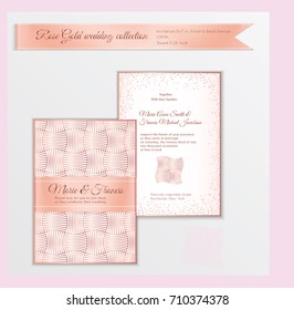 Luxury wedding invitation template with rose gold shiny realistic ribbon. Back and front card layout with pink golden pattern on white. Isolated. Design for bridal shower, save the date, banner.