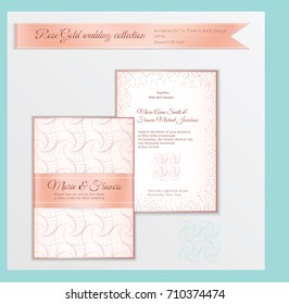 Luxury wedding invitation template with rose gold shiny realistic ribbon. Back and front card layout with pink golden pattern on white. Isolated. Design for bridal shower, save the date, banner.