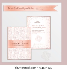Luxury wedding invitation template with rose gold shiny realistic ribbon. Back and front card layout with pink golden pattern on white. Isolated. Design for bridal shower, save the date, banner.