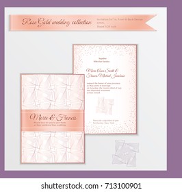 Luxury wedding invitation template with rose gold shiny realistic ribbon. Back and front card layout with pink golden pattern on white. Isolated. Design for bridal shower, save the date, banner.