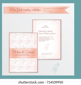 Luxury wedding invitation template with rose gold shiny realistic ribbon. Back and front card layout with pink golden pattern on white. Isolated. Design for bridal shower, save the date, banner.