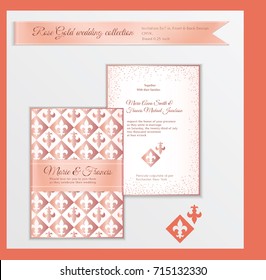 Luxury wedding invitation template with rose gold shiny realistic ribbon. Back and front card layout with pink golden pattern on white. Isolated. Design for bridal shower, save the date, banner.