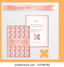 Luxury wedding invitation template with rose gold shiny realistic ribbon. Back and front card layout with pink golden pattern on white. Isolated. Design for bridal shower, save the date, banner.