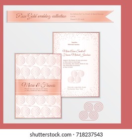 Luxury wedding invitation template with rose gold shiny realistic ribbon. Back and front card layout with pink golden pattern on white. Isolated. Design for bridal shower, save the date, banner.