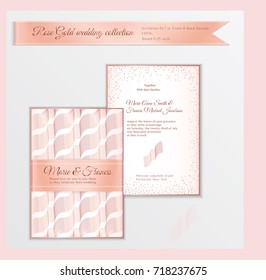 Luxury wedding invitation template with rose gold shiny realistic ribbon. Back and front card layout with pink golden pattern on white. Isolated. Design for bridal shower, save the date, banner.