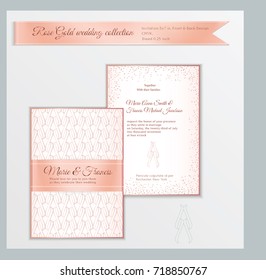 Luxury wedding invitation template with rose gold shiny realistic ribbon. Back and front card layout with pink golden pattern on white. Isolated. Design for bridal shower, save the date, banner.