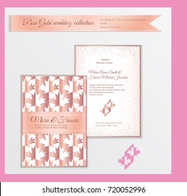 Luxury wedding invitation template with rose gold shiny realistic ribbon. Back and front card layout with pink golden pattern on white. Isolated. Design for bridal shower, save the date, banner.