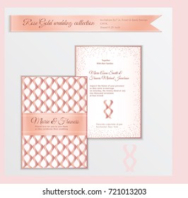 Luxury wedding invitation template with rose gold shiny realistic ribbon. Back and front card layout with pink golden pattern on white. Isolated. Design for bridal shower, save the date, banner.