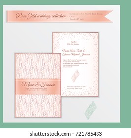 Luxury wedding invitation template with rose gold shiny realistic ribbon. Back and front card layout with pink golden pattern on white. Isolated. Design for bridal shower, save the date, banner.