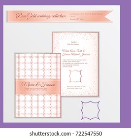 Luxury wedding invitation template with rose gold shiny realistic ribbon. Back and front card layout with pink golden pattern on white. Isolated. Design for bridal shower, save the date, banner.