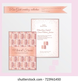 Luxury wedding invitation template with rose gold shiny realistic ribbon. Back and front card layout with pink golden pattern on white. Isolated. Design for bridal shower, save the date, banner.