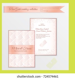 Luxury wedding invitation template with rose gold shiny realistic ribbon. Back and front card layout with pink golden pattern on white. Isolated. Design for bridal shower, save the date, banner.