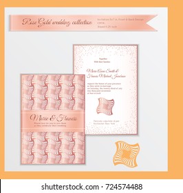Luxury wedding invitation template with rose gold shiny realistic ribbon. Back and front card layout with pink golden pattern on white. Isolated. Design for bridal shower, save the date, banner.