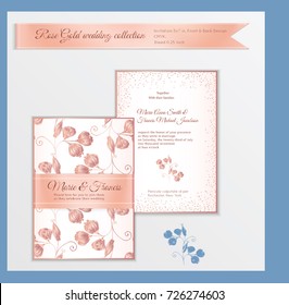Luxury wedding invitation template with rose gold shiny realistic ribbon. Back and front card layout with pink golden pattern on white. Isolated. Design for bridal shower, save the date, banner.