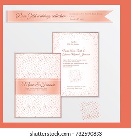 Luxury wedding invitation template with rose gold shiny realistic ribbon. Back and front card layout with pink golden pattern on white. Isolated. Design for bridal shower, save the date, banner.
