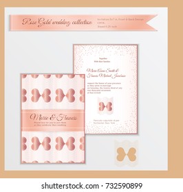 Luxury wedding invitation template with rose gold shiny realistic ribbon. Back and front card layout with pink golden pattern on white. Isolated. Design for bridal shower, save the date, banner.