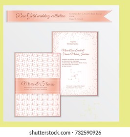 Luxury wedding invitation template with rose gold shiny realistic ribbon. Back and front card layout with pink golden pattern on white. Isolated. Design for bridal shower, save the date, banner.